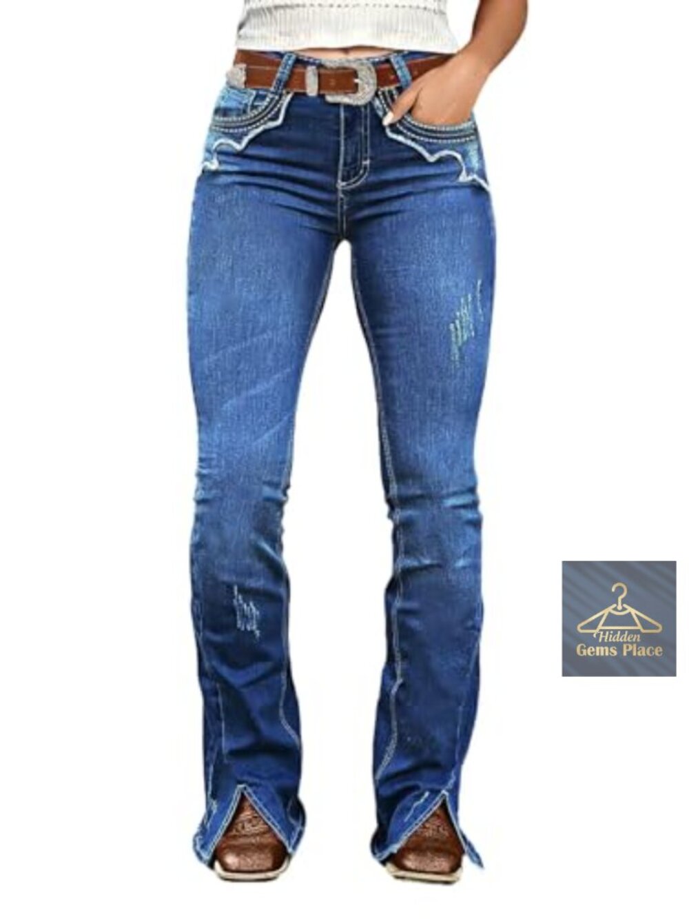 Women's Bootcut Jeans Mid Rise Ripped Stitch Denim Casual Western Style